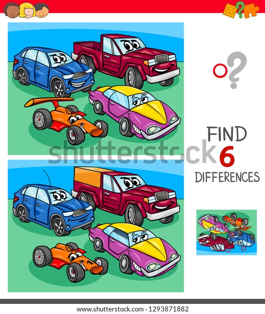 Cartoon\
Illustration of Finding Six Differences Between Pictures\
Educational Game for Children with Funny\
Cars