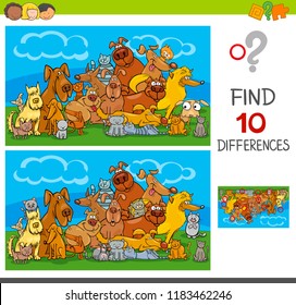 Cartoon Illustration of Finding Ten Differences Between Pictures Educational Game for Children with Cats and Dogs Animal Characters