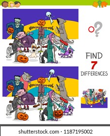 Cartoon Illustration of Finding Ten Differences Between Pictures Educational Game for Children with Halloween Characters
