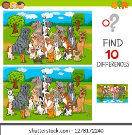 Cartoon Illustration of Finding Ten Differences Between Pictures Educational Game for Children with Purebred Dogs Animal Characters