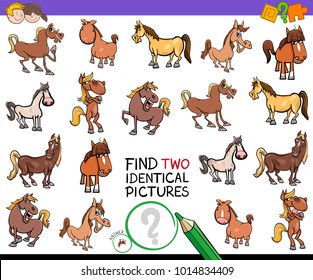 Cartoon Illustration of Finding Two Identical Pictures Educational Activity Game for Children with Horses Farm Animal Characters