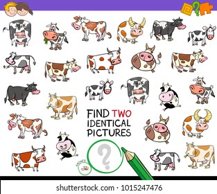 Cartoon Illustration of Finding Two Identical Pictures Educational Activity Game for Children with Cows Farm Animal Characters