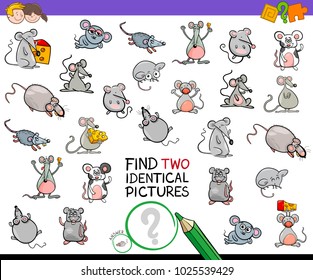 Cartoon Illustration of Finding Two Identical Pictures Educational Activity Game for Children with Mice Animal Characters