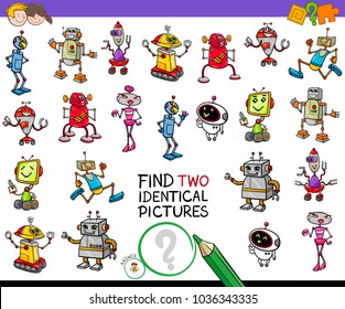 Cartoon Illustration of Finding Two Identical Pictures Educational Activity Game for Children with Robot Characters