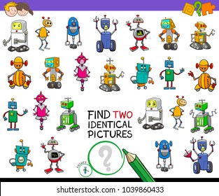 Cartoon Illustration of Finding Two Identical Pictures Educational Game for Children with Robot Fantasy Characters