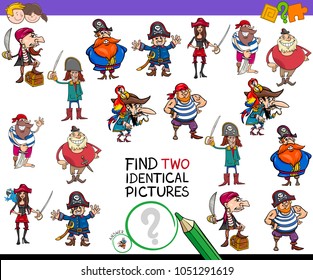 Cartoon Illustration of Finding Two Identical Pictures Educational Game for Children with Pirates Fantasy Characters