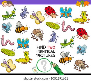 Cartoon Illustration of Finding Two Identical Pictures Educational Game for Children with Bugs Animal Characters