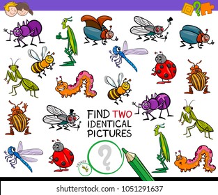 Cartoon Illustration of Finding Two Identical Pictures Educational Game for Children with Insects Animal Characters