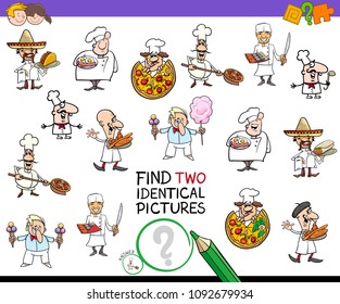 Cartoon Illustration of Finding Two Identical Pictures Educational Game for Children with Chef Characters and Food