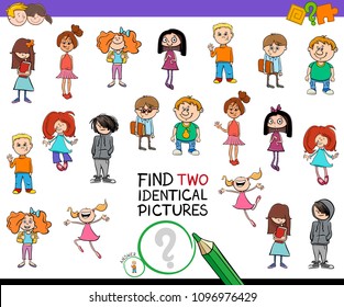 Cartoon Illustration of Finding Two Identical Pictures Educational Game for Kids with Girls and Boys Children Characters