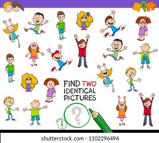 Cartoon Illustration of Finding Two Identical Pictures Educational Game for Kids with Boys and Girls Children Characters