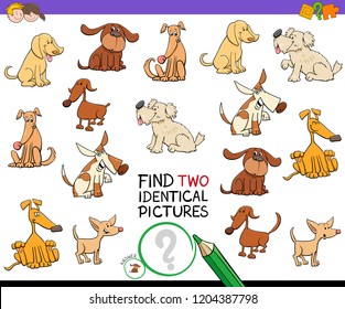 Cartoon Illustration of Finding Two Identical Pictures Educational Game for Kids with Dog Characters