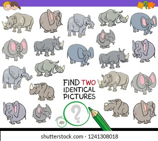 Cartoon Illustration of Finding Two Identical Pictures Educational Game for Kids with Elephants and Rhinoceros Characters