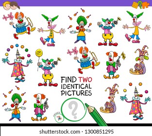 Cartoon Illustration of Finding Two Identical Pictures Educational Game for Childen with Funny Clown Characters