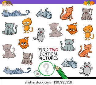 Cartoon Illustration of Finding Two Identical Pictures Educational Game for Children with Cats and Kitten Animal Characters