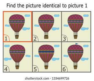 Cartoon Illustration of Finding Two Identical Pictures. Educational Game for Children.