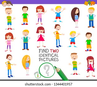 Cartoon Illustration of Finding Two Identical Pictures Educational Task for Children with Kids and Teens Characters