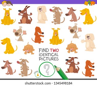 Cartoon Illustration of Finding Two Identical Pictures Educational Game for Children with Cute Dogs and Puppies Comic Characters