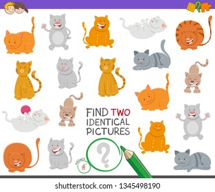 Cartoon Illustration of Finding Two Identical Pictures Educational Game for Children with Cute Cats and Kittens Animal Characters