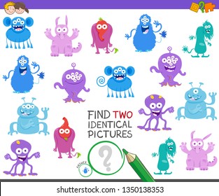 Cartoon Illustration of Finding Two Identical Pictures Educational Game for Children with Funny Monsters or Alien Characters