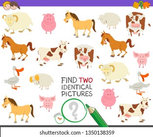 Cartoon Illustration of Finding Two Identical Pictures Educational Game for Children with Funny Farm Animal Characters