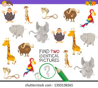 Cartoon Illustration of Finding Two Identical Pictures Educational Game for Children with Funny Wild Animal Characters