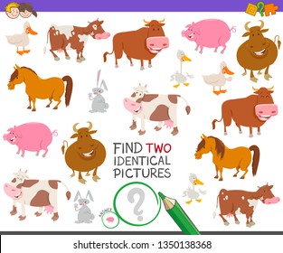 Cartoon Illustration of Finding Two Identical Pictures Educational Game for Kids with Cute Farm Animal Characters