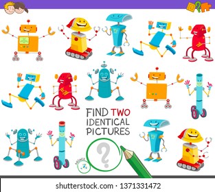 Cartoon Illustration of Finding Two Identical Pictures Educational Game for Children with Cute Robot Characters