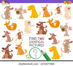 Cartoon Illustration of Finding Two Identical Pictures Educational Game for Children with Funny Dog Characters