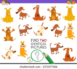 Cartoon Illustration of Finding Two Identical Pictures Educational Game for Children with Happy Dog Characters