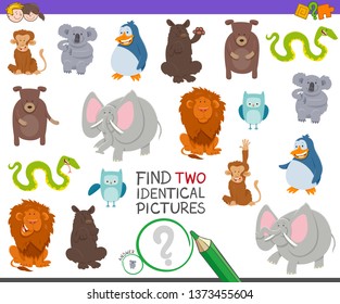Cartoon Illustration of Finding Two Identical Pictures Educational Game for Children with Funny Wild Animal Characters
