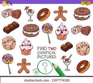 Cartoon Illustration of Finding Two Identical Pictures Educational Game for Children with Sweet Food Characters