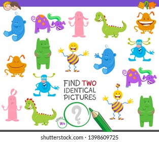 Cartoon Illustration of Finding Two Identical Pictures Educational Game for Children with Cute Monsters Characters