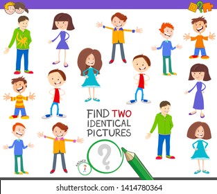 Cartoon Illustration of Finding Two Identical Pictures Educational Activity Game for Children with Happy Kids and Teen Characters