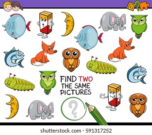 Cartoon Illustration of Finding Two Identical Pictures Educational Game for Children