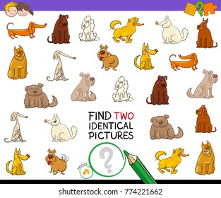 Cartoon Illustration of Finding Two Identical Pictures Educational Activity Game for Children with Dog or Puppy Characters