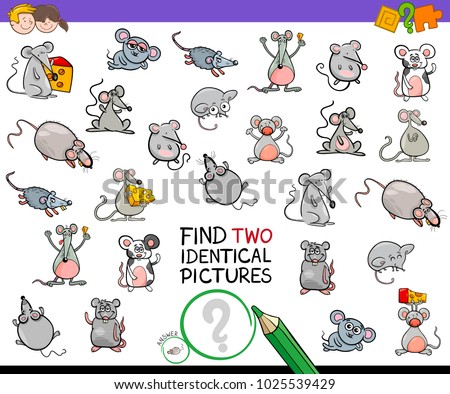 Cartoon Illustration of Finding Two Identical Pictures Educational Activity Game for Children with Mice Animal Characters
