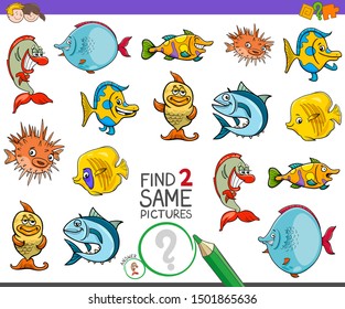 Cartoon Illustration of Finding Two Same Pictures Educational Activity Game for Children with Funny Fish Animal Characters