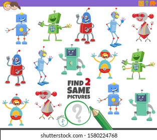 Cartoon Illustration of Finding Two Same Pictures Educational Activity Game for Children with Robots Fantasy Characters