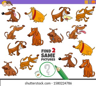 Cartoon Illustration of Finding Two Same Pictures Educational Activity Game for Children with Farm Animal Characters