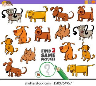 Cartoon Illustration of Finding Two Same Pictures Educational Activity Game for Children with Funny Dogs Pet Animal Characters