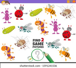 Cartoon Illustration of Finding Two Same Pictures Educational Activity Game for Children with Cute Insects Animal Characters