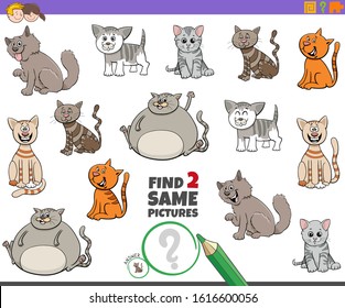 Cartoon Illustration of Finding Two Same Pictures Educational Activity Game for Children with Funny Cats and Kittens Animal Characters