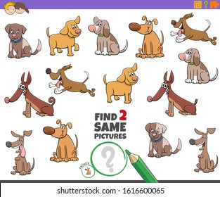 Cartoon Illustration of Finding Two Same Pictures Educational Activity Game for Children with Dogs and Puppies Animal Characters