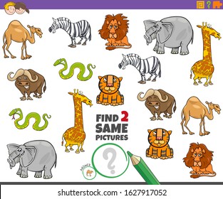 Cartoon Illustration of Finding Two Same Pictures Educational Activity Game for Children with Wild Animal Characters