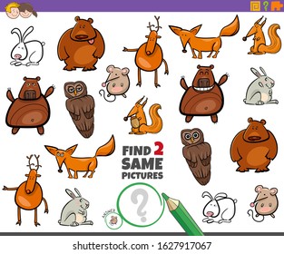 Cartoon Illustration of Finding Two Same Pictures Educational Game for Children with Funnt Wild Animal Characters