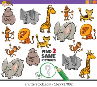 Cartoon Illustration of Finding Two Same Pictures Educational Game for Children with Wild Animal Characters