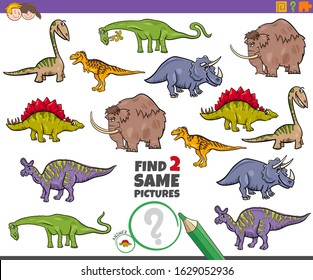 Cartoon Illustration of Finding Two Same Pictures Educational Game for Children with Funny Dinosaurs and Prehistoric Animal Characters