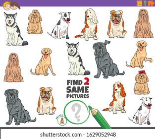 Cartoon Illustration of Finding Two Same Pictures Educational Game for Children with Funny Purebred Dogs Animal Characters