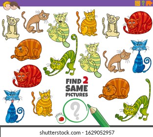 Cartoon Illustration of Finding Two Same Pictures Educational Game for Children with Funny Cats Animal Characters